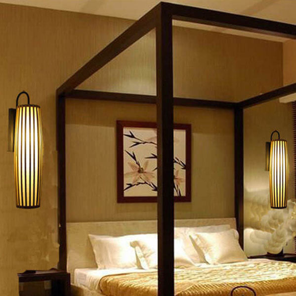 Traditional  Chinese Bamboo Iron Lantern Column 1-Light Wall Sconce Lamp for Living Room