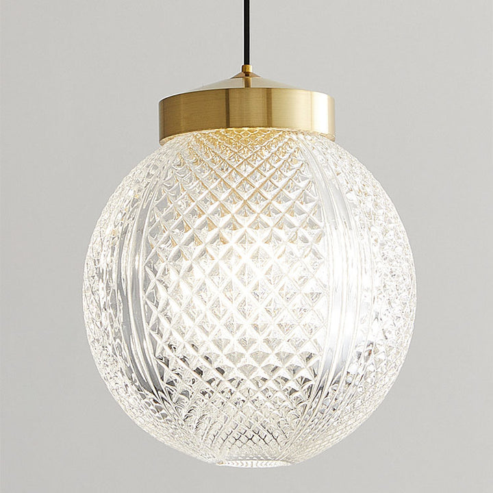 Modern Luxury Striped Glass Copper Round Ball Ring 1-Light Pendant Light for Living Room