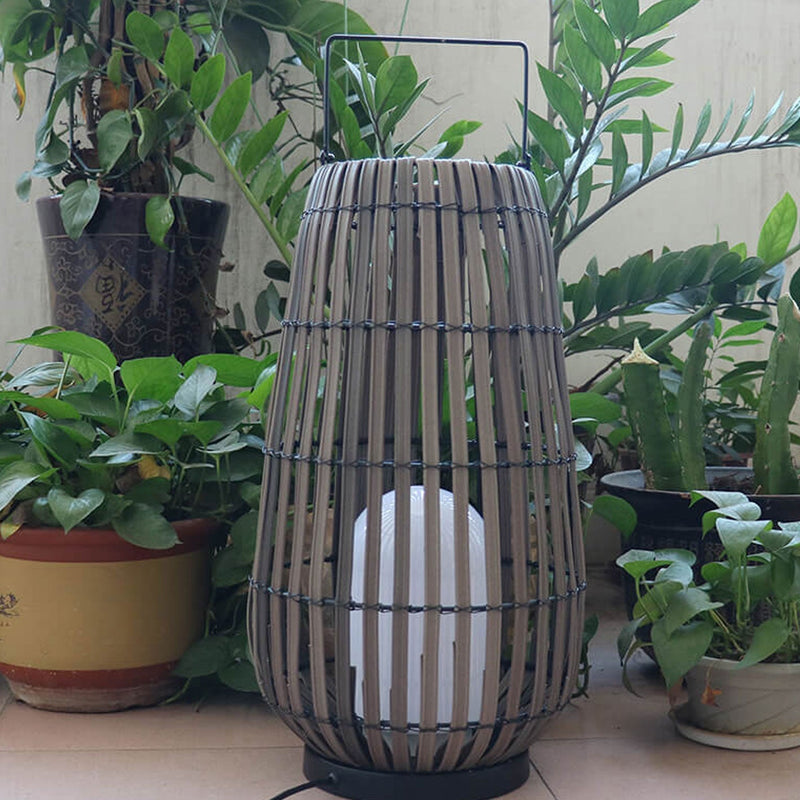 Modern Rattan Weaving Oval Cage Outdoor Patio Waterproof Floor Lamp