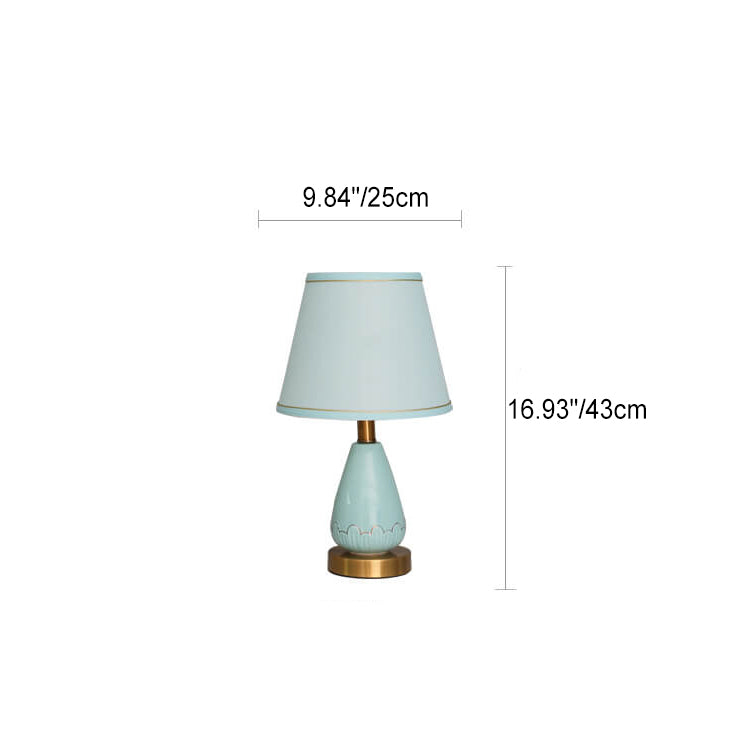 Lámpara de mesa de 1 luz con base de jarrón minimalista moderno redonda trapezoidal de cerámica, metal y tela para dormitorio 