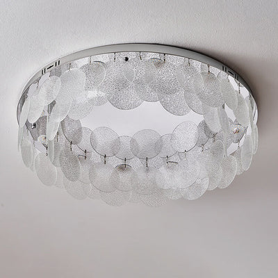 Contemporary Luxury Stainless Steel Frame Water Grain Glass Round Sheet 8-Light Flush Mount Ceiling Light For Living Room
