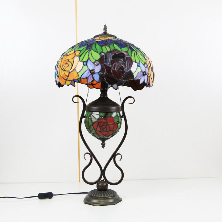 Traditional Tiffany Floral Stained Glass Iron Resin Round Pot 3-Light Table Lamp For Bedroom