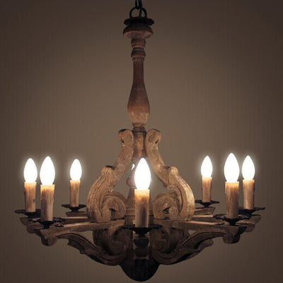 Europäischer rustikaler Vintage Kronleuchter aus Massivholz mit 6 Leuchten 