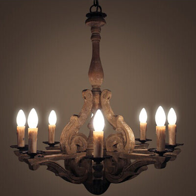 European Rustic Vintage Solid Wood 8-Light Chandelier