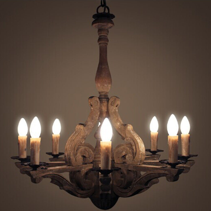 European Rustic Vintage Solid Wood 6-Light Chandelier