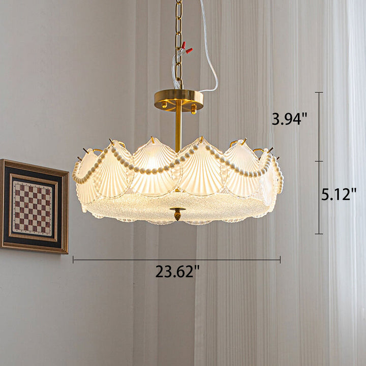Lámpara de araña de concha de vidrio con perlas redondas de lujo ligero francés de 5/6/8 luces 