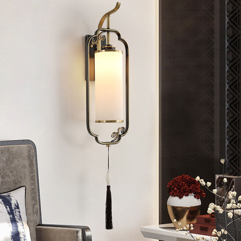 Modern Chinese Brass Glass Column 1-Light Wall Sconce Lamp