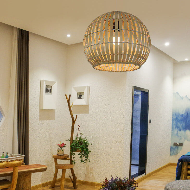Lampe suspendue moderne à 1 lumière en fer tissé en bambou 