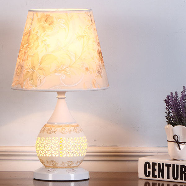 Traditional Chinese Ceramic Fabric Floral Cone 1-Light Table Lamp For Living Room &amp; Bedroom