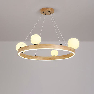 Nordic Minimalist Wood Circle Glass Ball 3/4 Light Chandelier