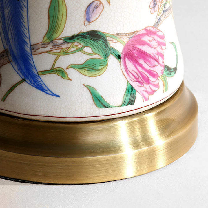 Traditional Chinese Bird &amp; Flower Painted Ceramic Base Fabric Shade 1-Light Table Lamp For Home Office