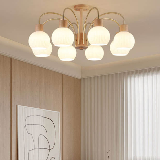 Moderna Lámpara Redonda de Crema de Hierro Madera Maciza Vidrio 6/8 Luces Candelabro 