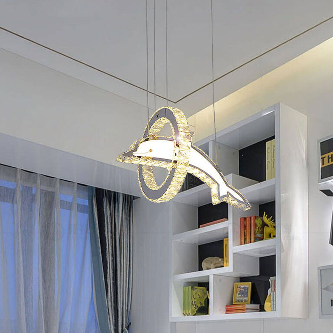 Moderner luxuriöser LED-Kronleuchter aus Kristall und Edelstahl im Delfin-Design für das Wohnzimmer 