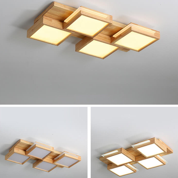 Nordic Simple Solid Wood Square LED Flush Mount Light