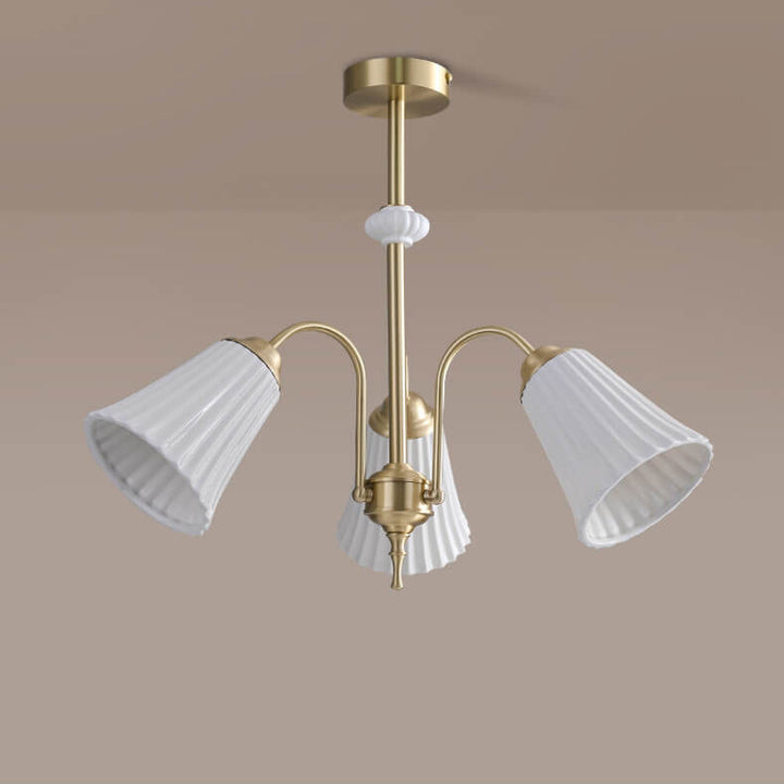 Lámpara de araña contemporánea nórdica de cerámica blanca, cobre y hierro con pantalla cónica a rayas de 3/5 luces para sala de estar 