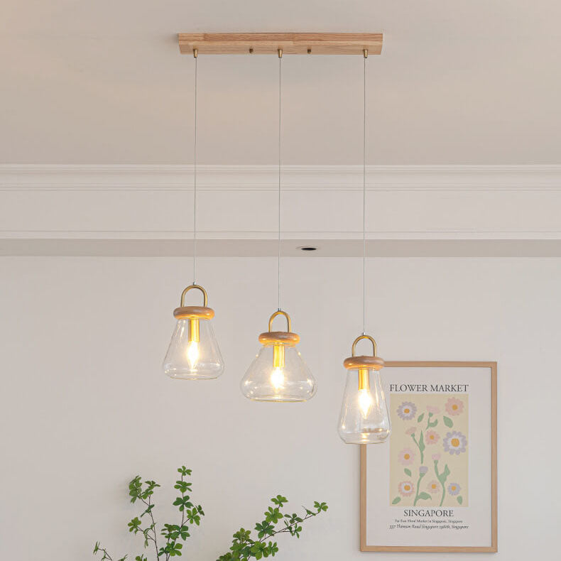 Moderne nordische runde Inselleuchte aus Glas und Holz mit 1/3-flammigem Kronleuchter-Design für das Wohnzimmer 