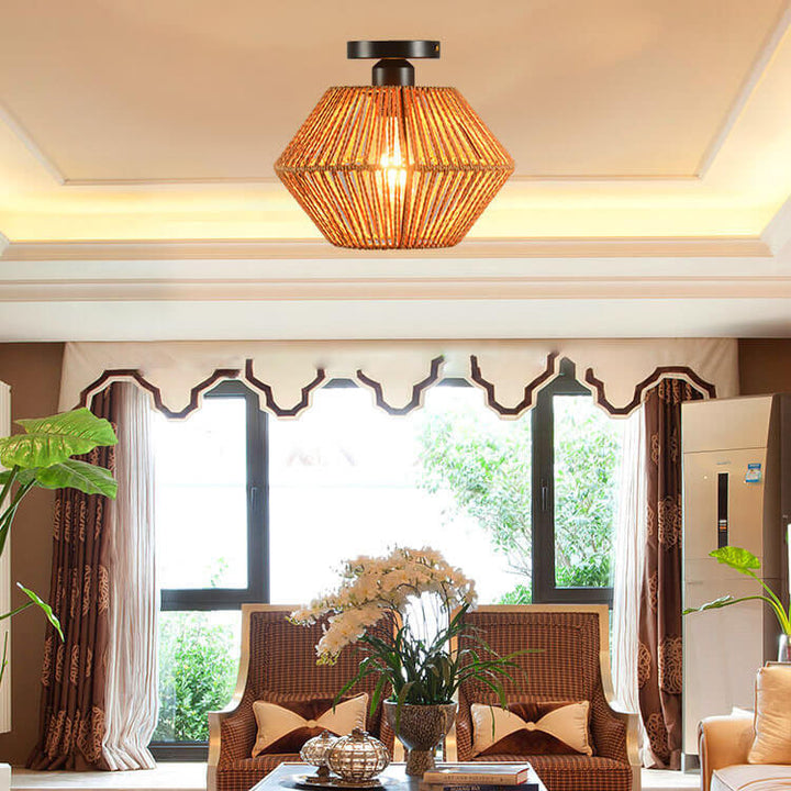 Traditional Vintage Solid Wood Rope Weaving Lantern Cage Wood 1-Light Pendant Ceiling Light for Living Room