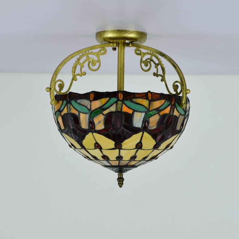 European Tiffany Red Tulip Stained Glass 2-Light Semi-Flush Mount Ceiling Light