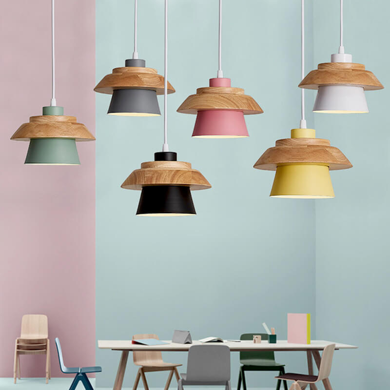 Modern Metal Wooden Top 1-Light Cylinder Pendant Light