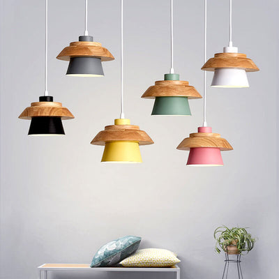 Modern Metal Wooden Top 1-Light Cylinder Pendant Light