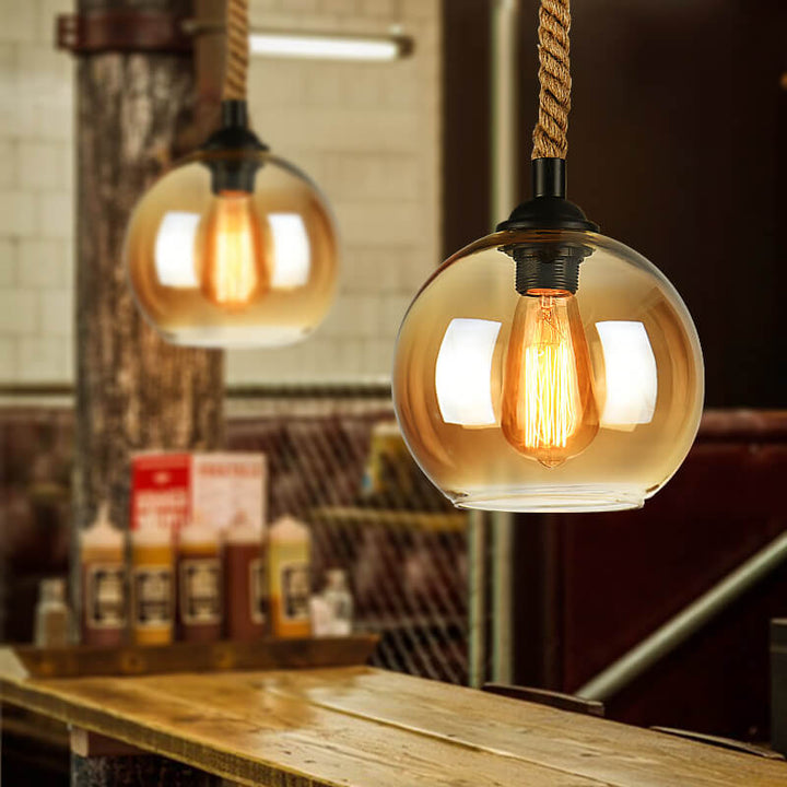 Luminaire suspendu globe en verre à 1 lumière suspendu à une corde rétro 
