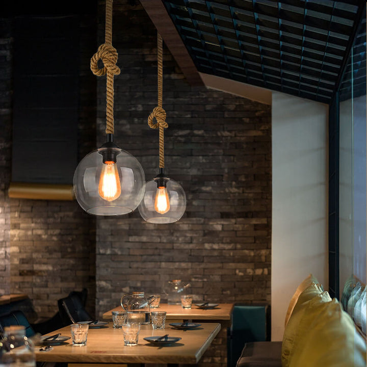 Luminaire suspendu globe en verre à 1 lumière suspendu à une corde rétro 