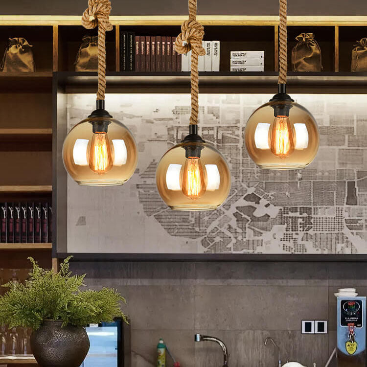 Luminaire suspendu globe en verre à 1 lumière suspendu à une corde rétro 