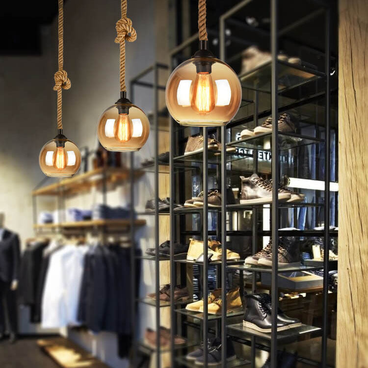 Luminaire suspendu globe en verre à 1 lumière suspendu à une corde rétro 
