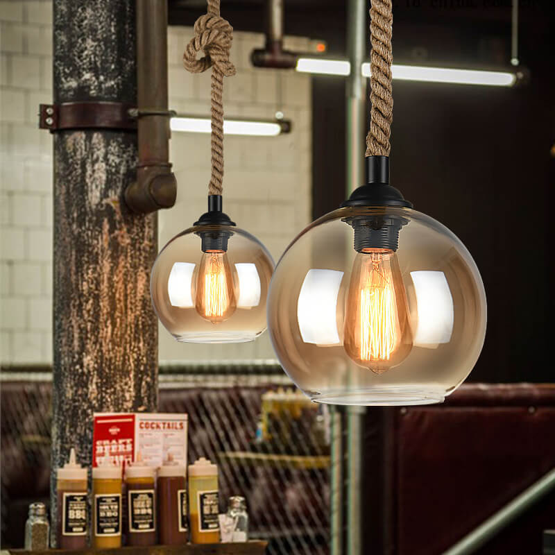 Luminaire suspendu globe en verre à 1 lumière suspendu à une corde rétro 