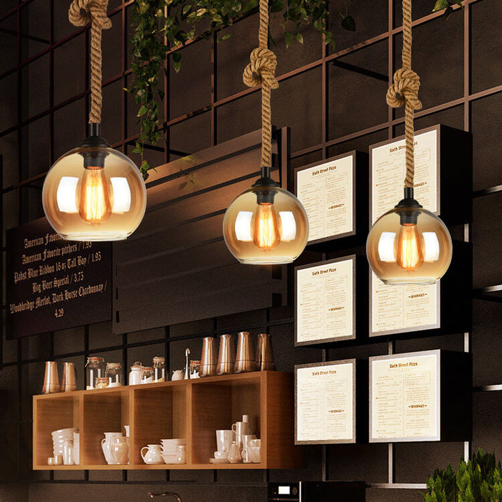 Luminaire suspendu globe en verre à 1 lumière suspendu à une corde rétro 