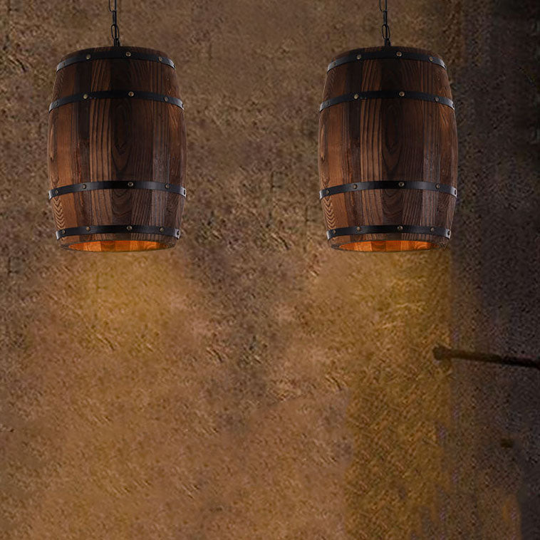 Lámpara colgante individual de 1 luz estilo barril de vino redondo rústico tradicional de hierro y madera para comedor 