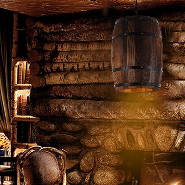 Lámpara colgante individual de 1 luz estilo barril de vino redondo rústico tradicional de hierro y madera para comedor 