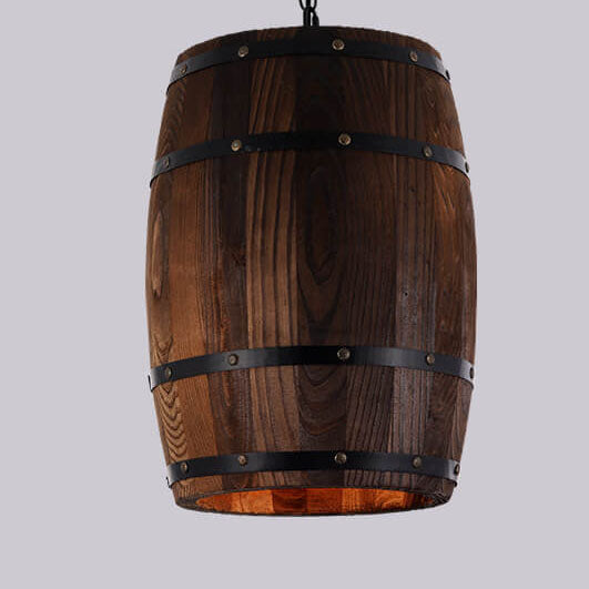 Lámpara colgante individual de 1 luz estilo barril de vino redondo rústico tradicional de hierro y madera para comedor 