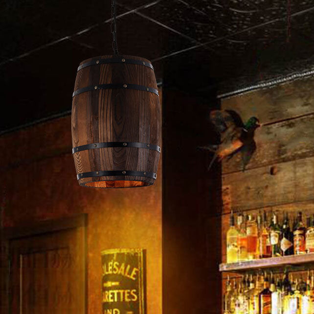 Lámpara colgante individual de 1 luz estilo barril de vino redondo rústico tradicional de hierro y madera para comedor 