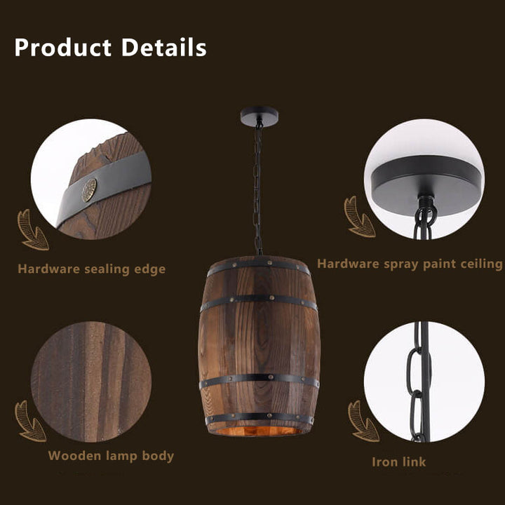 Lámpara colgante individual de 1 luz estilo barril de vino redondo rústico tradicional de hierro y madera para comedor 