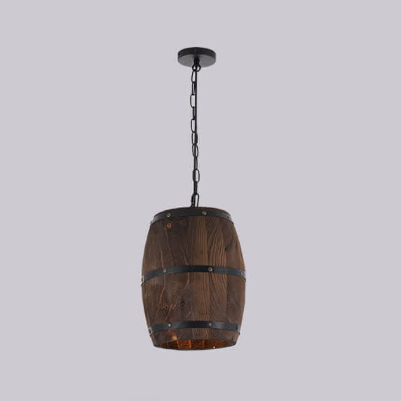 Lámpara colgante individual de 1 luz estilo barril de vino redondo rústico tradicional de hierro y madera para comedor 