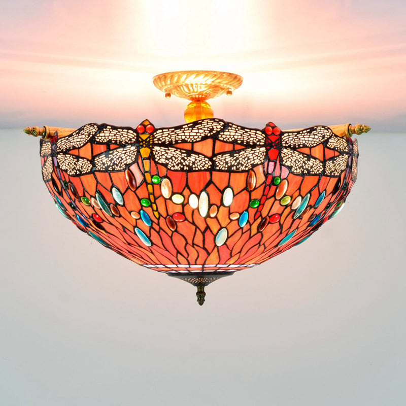 Retro Tiffany Red Bottom Dragonfly Design 5-Light Flush Mount Light