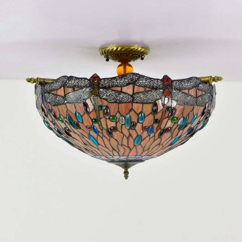Retro Tiffany Red Bottom Dragonfly Design 5-Light Flush Mount Light