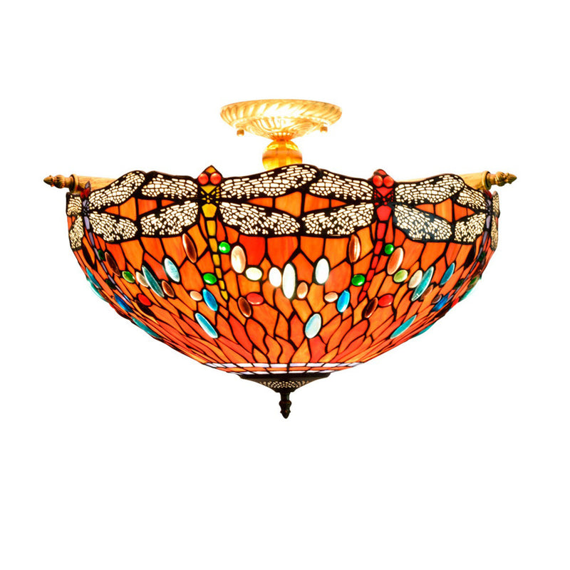 Retro Tiffany Red Bottom Dragonfly Design 5-Light Flush Mount Light