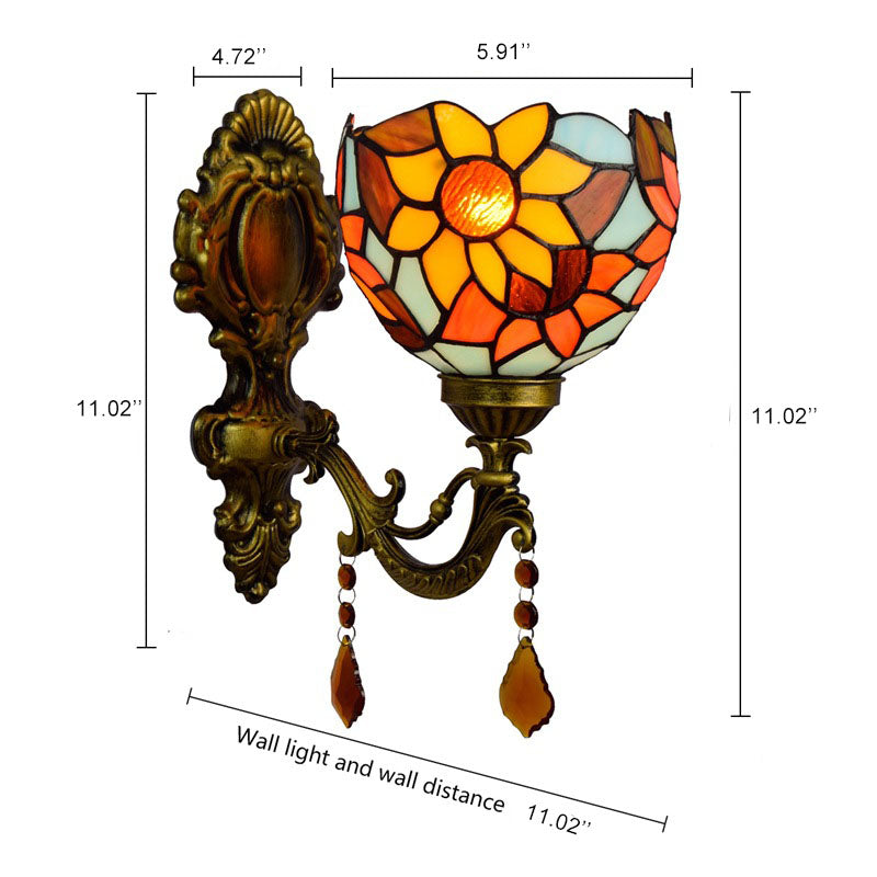 Vintage Tiffany Sunflower Stained Glass 1-Light Wall Sconce Lamp