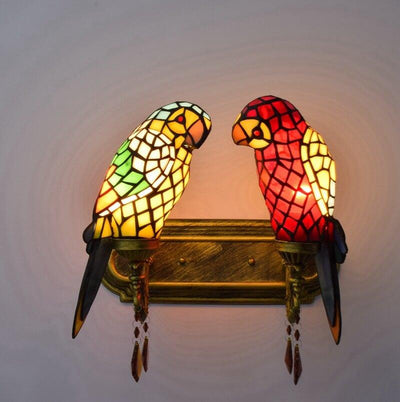 Tiffany Parrot Stained Glass 2-Light Wall Sconce Lamp