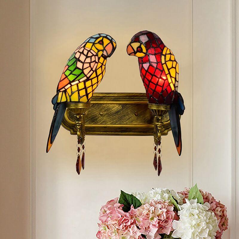 Tiffany Parrot Stained Glass 2-Light Wall Sconce Lamp