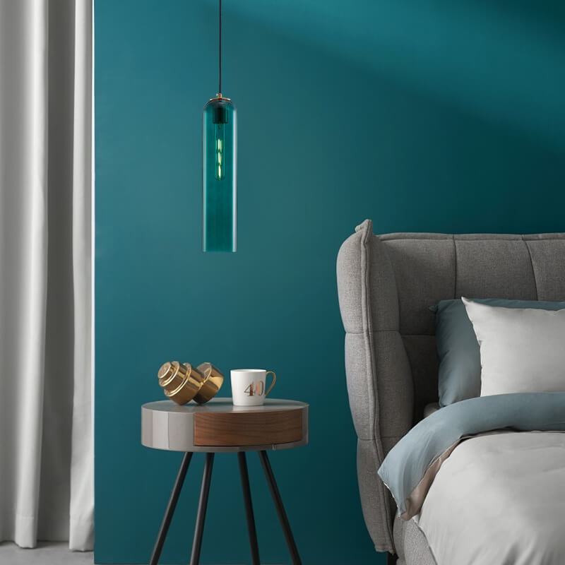 Modern Minimalist Round Dark Green Iron Glass 1-light Long Jar Pendant Lamp For Bedroom