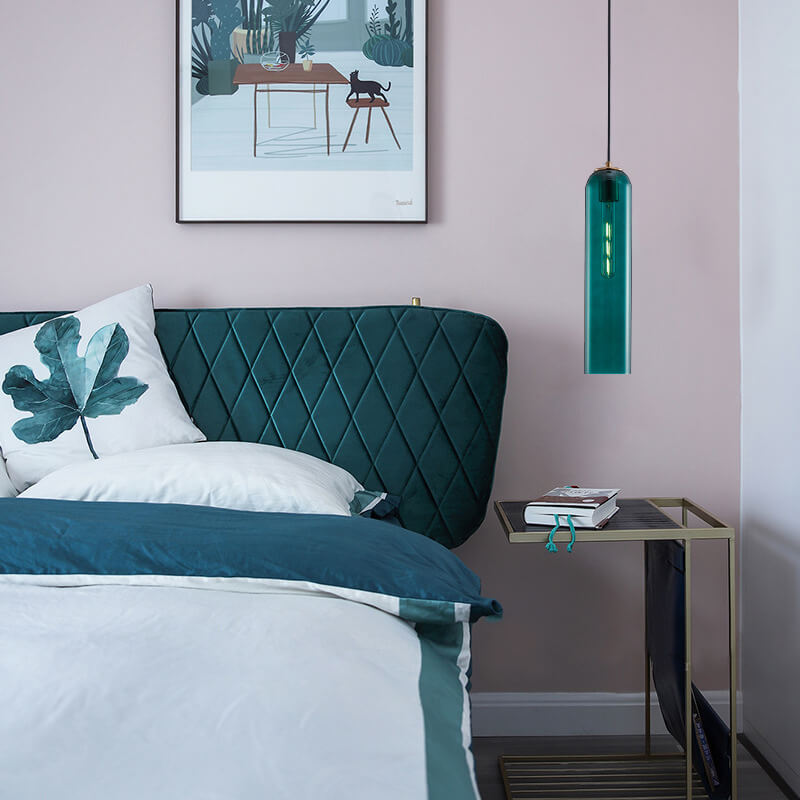 Modern Minimalist Round Dark Green Iron Glass 1-light Long Jar Pendant Lamp For Bedroom