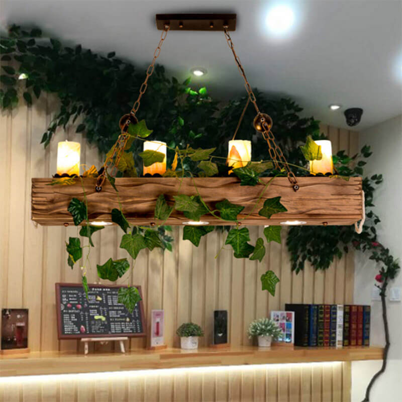 Traditional Vintage Faux Marble Pine Wood Iron Cylinder 7-Light Plants Chandeliers For Dining Room