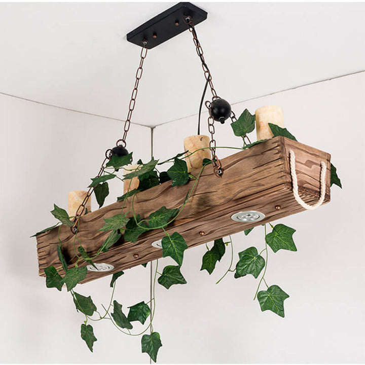 Traditional Vintage Faux Marble Pine Wood Iron Cylinder 7-Light Plants Chandeliers For Dining Room
