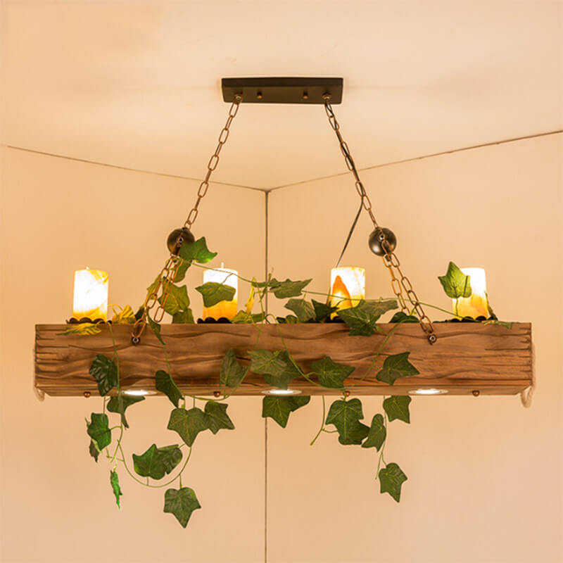 Traditional Vintage Faux Marble Pine Wood Iron Cylinder 7-Light Plants Chandeliers For Dining Room
