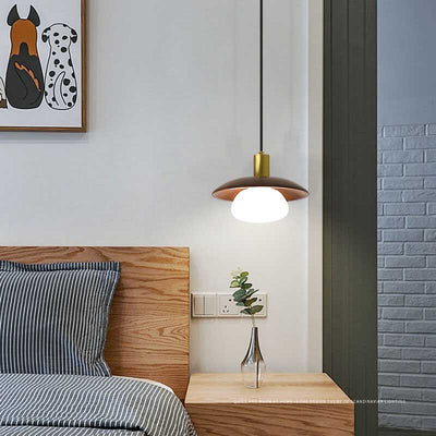 Modern Brown Wooden 1-Light Dome Shade LED Pendant Light