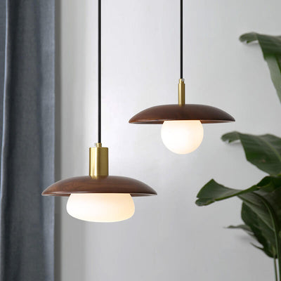 Modern Brown Wooden 1-Light Dome Shade LED Pendant Light