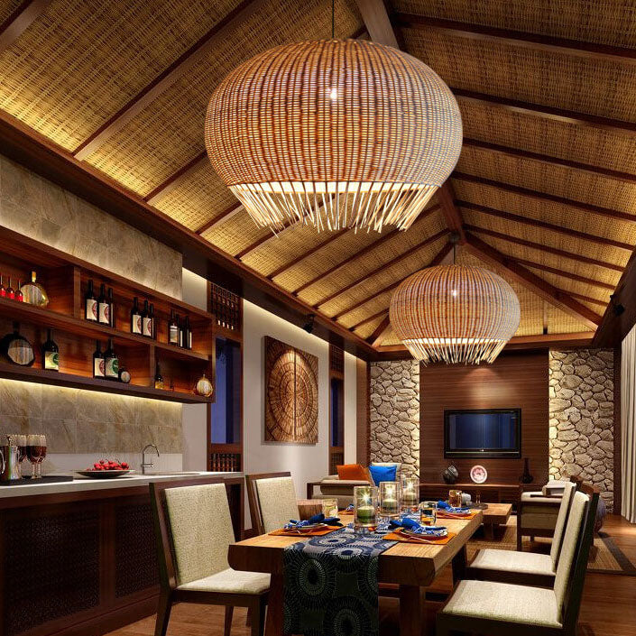 Rustic Rattan Weaving Pear Shade 1-Light Pendant Light